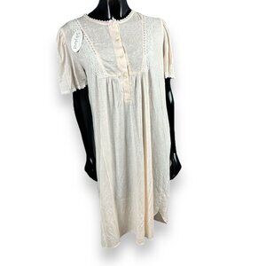 New Miss Elaine Silky Knit Henley Night Gown Mid Length Pale Pink Floral Sz L